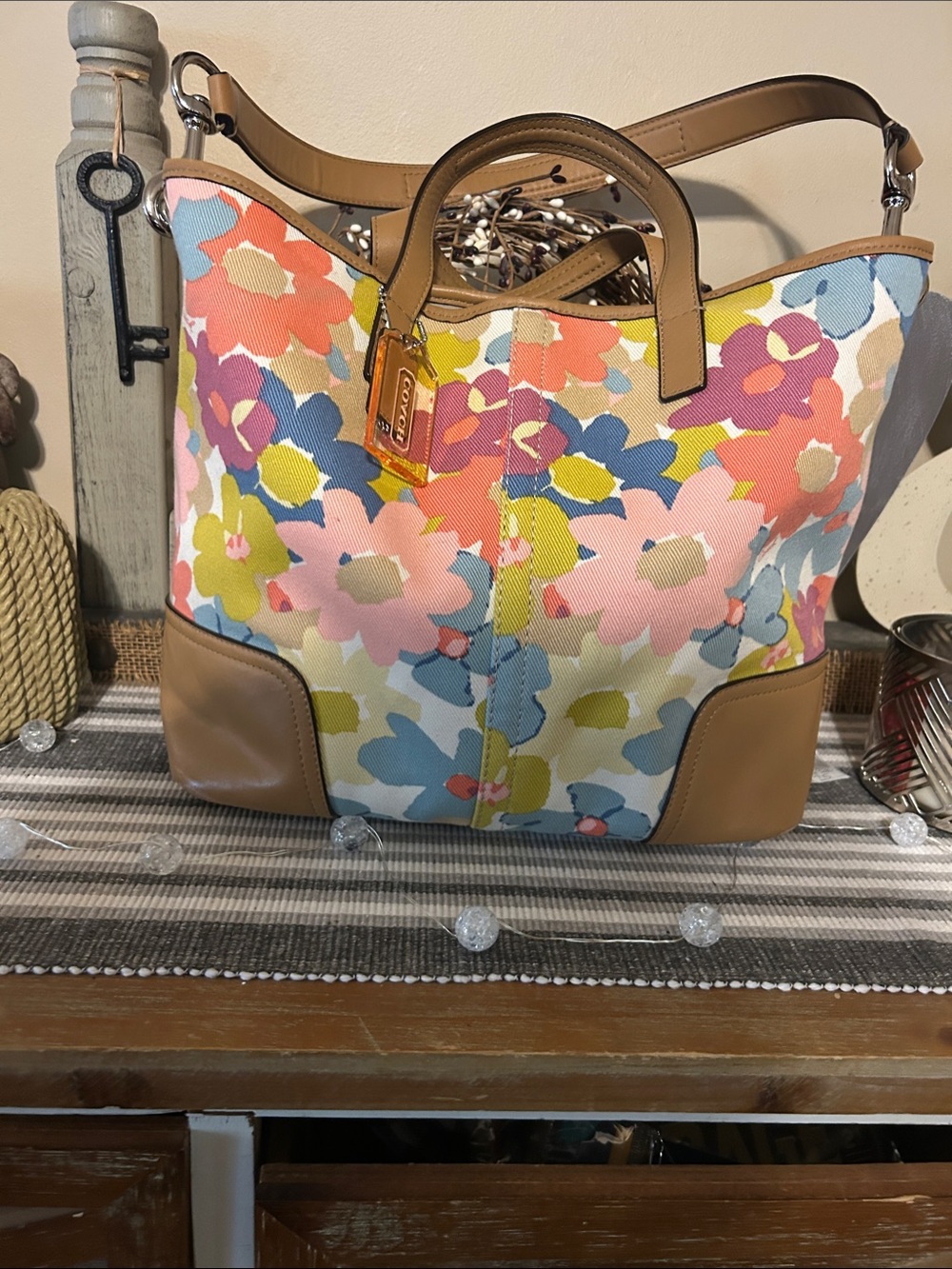 Coach Floral Canvas Tote with Tan Leather Trim
